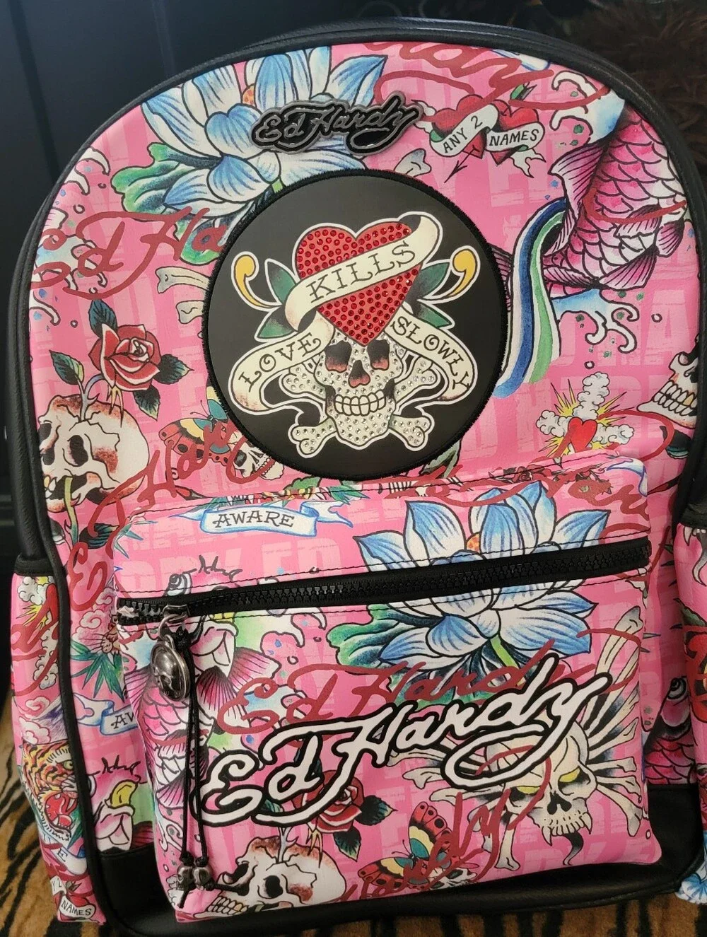 Ed Hardy Pink Tattoo-Print Backpack with Black Trim New